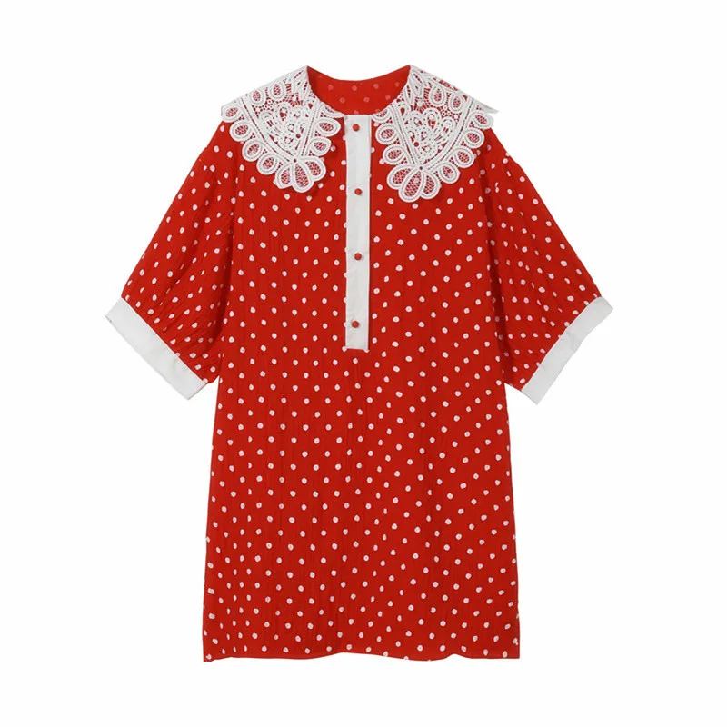 

PERHAPS U red polka dot half sleeve lace button mini dress loose sweet D0732