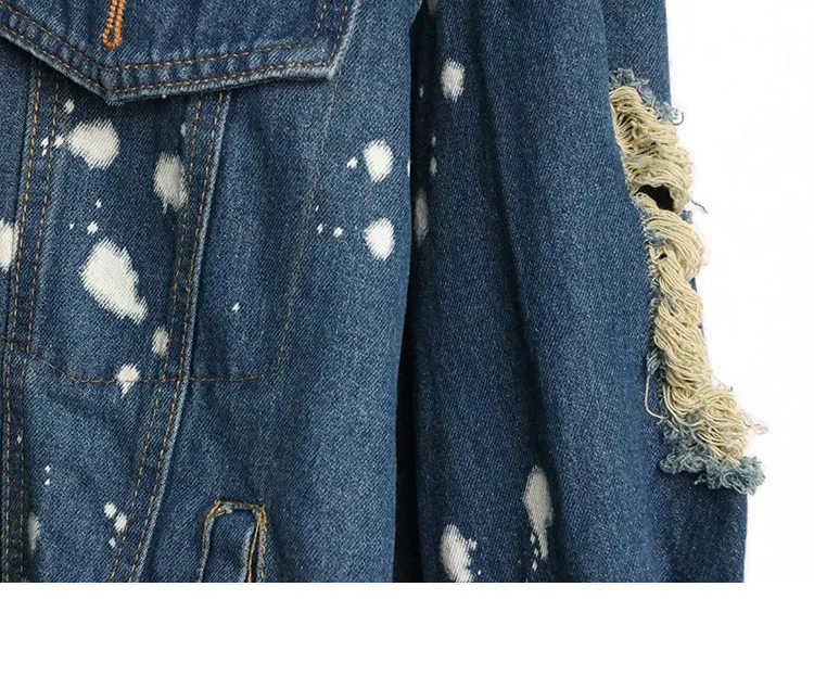 Тренд-сеттер Осенняя Новая женская джинсовая куртка с капюшоном с блестками и Волком на спине с граффити и дырками джинсовая куртка и пальто