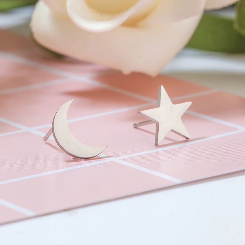 2018 Female Stainless Steel Golden Sliver colour Star Moon Stud Earrings Cute Mini Stud Earring For Girls Minimalist Jewelry - Image 2