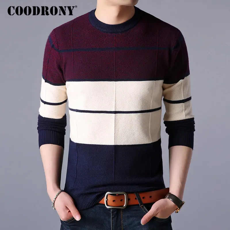 COODRONY البلوزات سميكة الدافئة البلوز الرجال عارضة مخطط سترات ذات عنق دائرى الرجال الملابس 2018 الخريف الشتاء تريكو سحب أوم 8161
