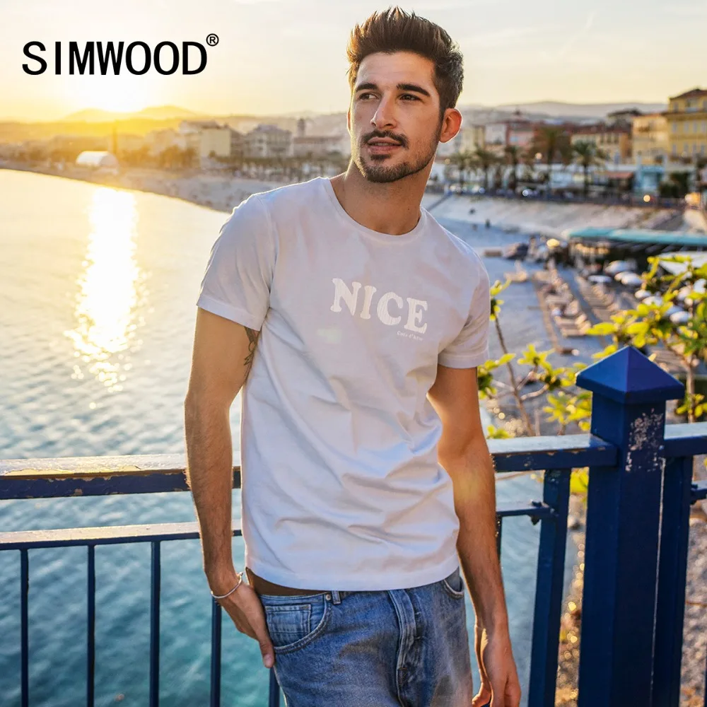 

SIMWOOD 2019 Nice T Shirt Men Slim Fit Letter Print O neck Tshirt 100% Cotton Breathable Tops Fashion Tees Fade look 180252