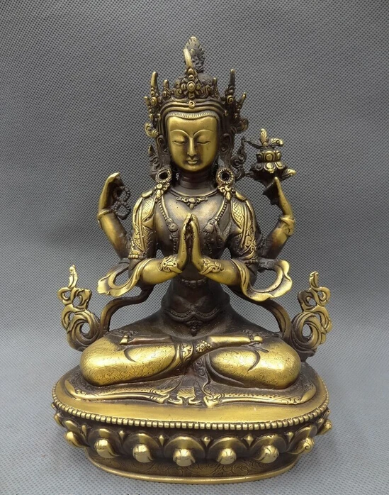 

9" Tibet Bronze Buddhist Kwan-Yin Goddess Lotus 4 Arms Chenrezig GuanYin Statue