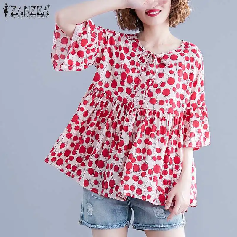 

2019 ZANZEA Summer Polka Dot Print Shirt Women's Blouse Fashion Casual Short Sleeve Blusas Female O Neck Tunic Plus Size Chemise