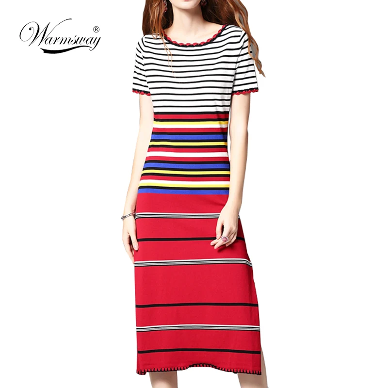 2017 Summer Women Striped split long Dress Hit Color Pullovers Knitted Sundress Long Mid-calf Female Summer Sheath Dress WS-052