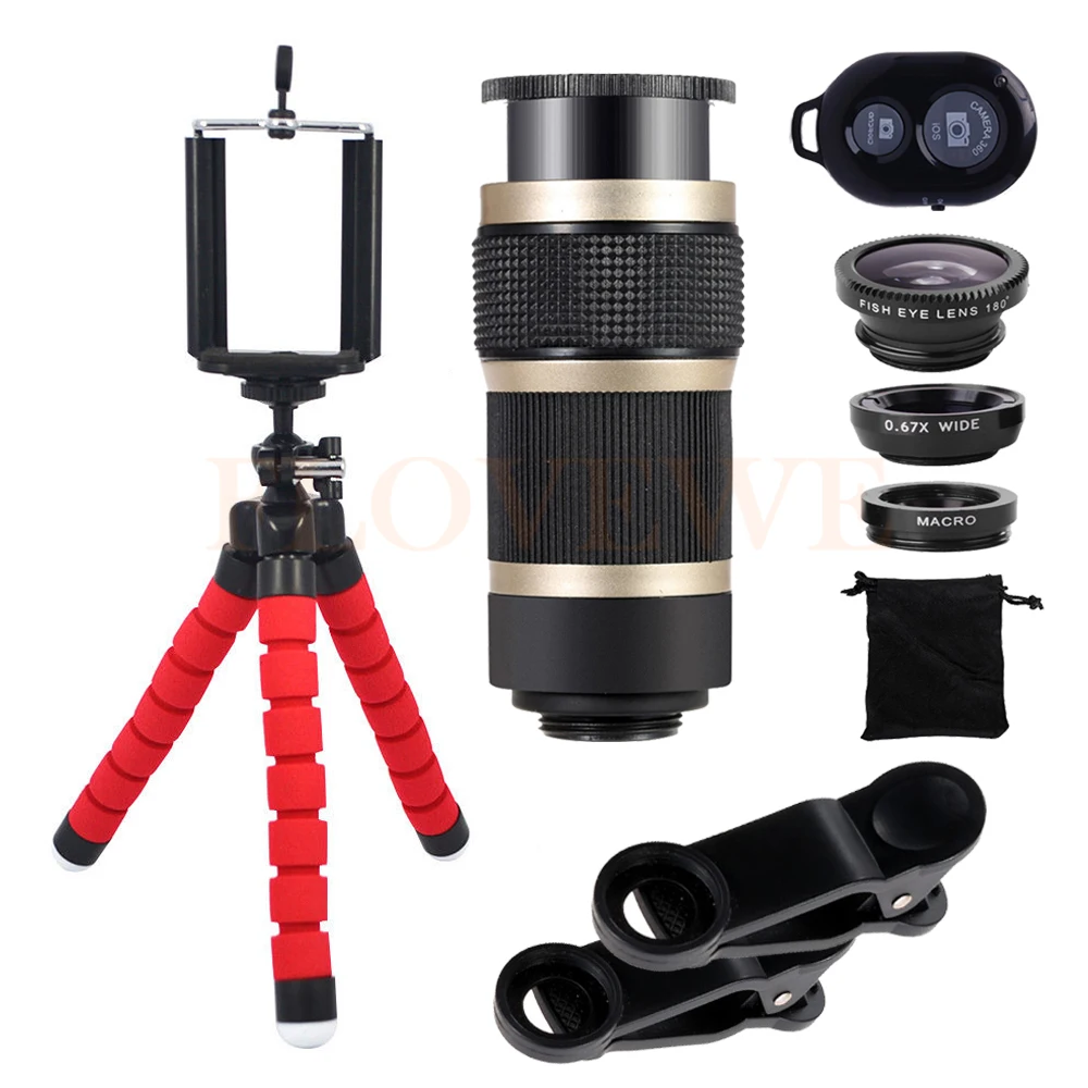 8X Zoom Lenses Telephoto Lentes 3in1 Wide Angle Macro Fisheye Lenses Mobile Tripod For iPhone 6 7 Cell Phone Bluetooth Shutter