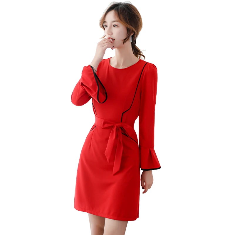 

Red Petal Sleeve Waist Belted Dress Women Elegant Cute Party Dresses 2019 Spring O-neck A Line Long Sleeve Casual Dress Vestidos