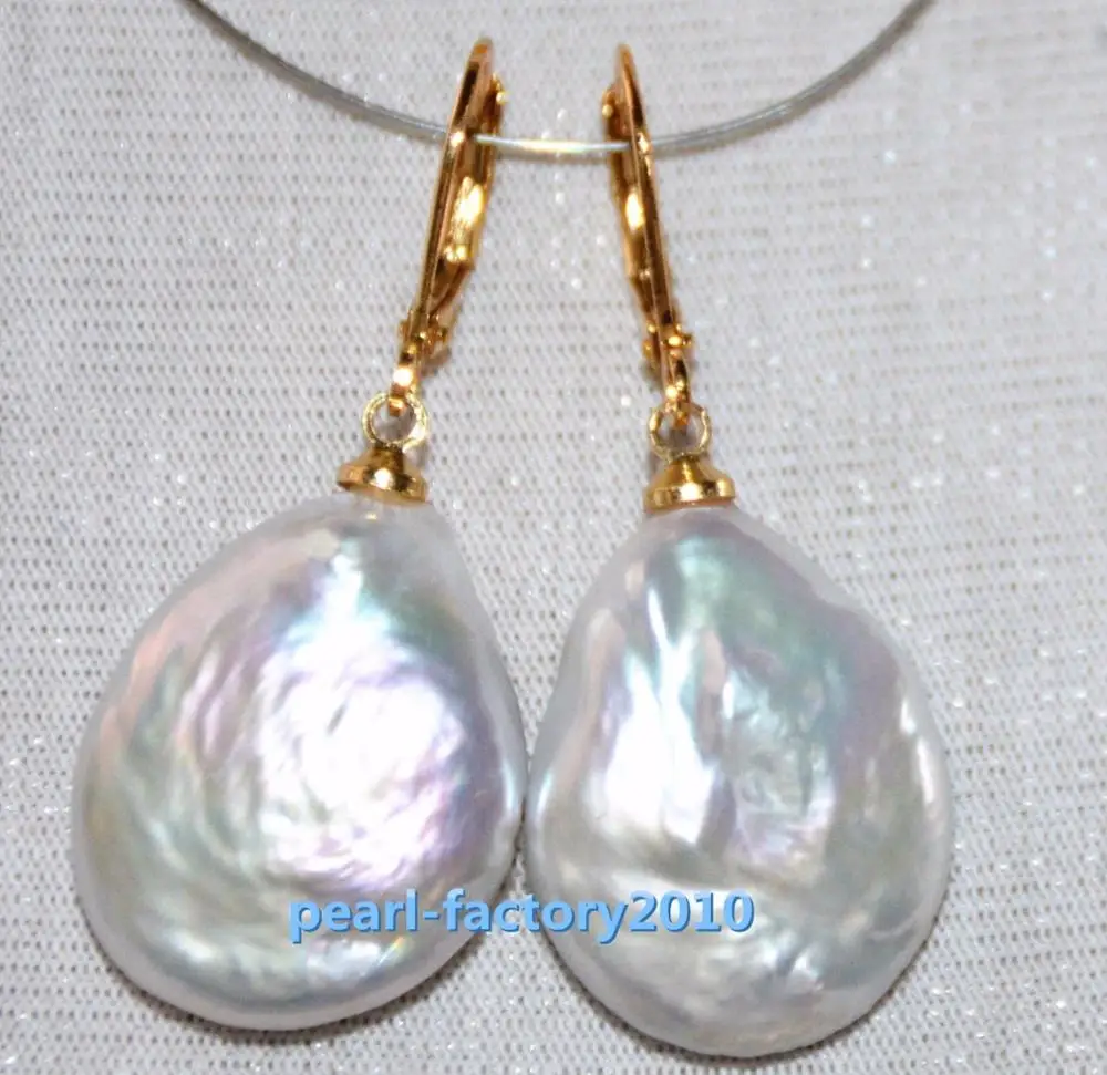 

free shipping AAA 21x18mm South Sea White Baroque Pearl Earrings 14k/20 YELLOW GOLD