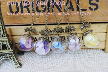 

30spcs/lot Preserved Flower Glass orbs Pendant necklace dry flower glass vial pendant necklace antique bronze necklace