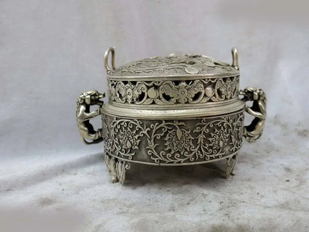 

DS China silver carved bat dragon phoenix censer incense burner Sculpture Statue