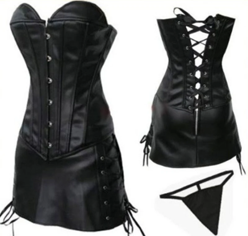 Black Red Faux Leather Corset Dress Bustier Corset Top Sexy Gothic Vamp Halloween Costume Dancer