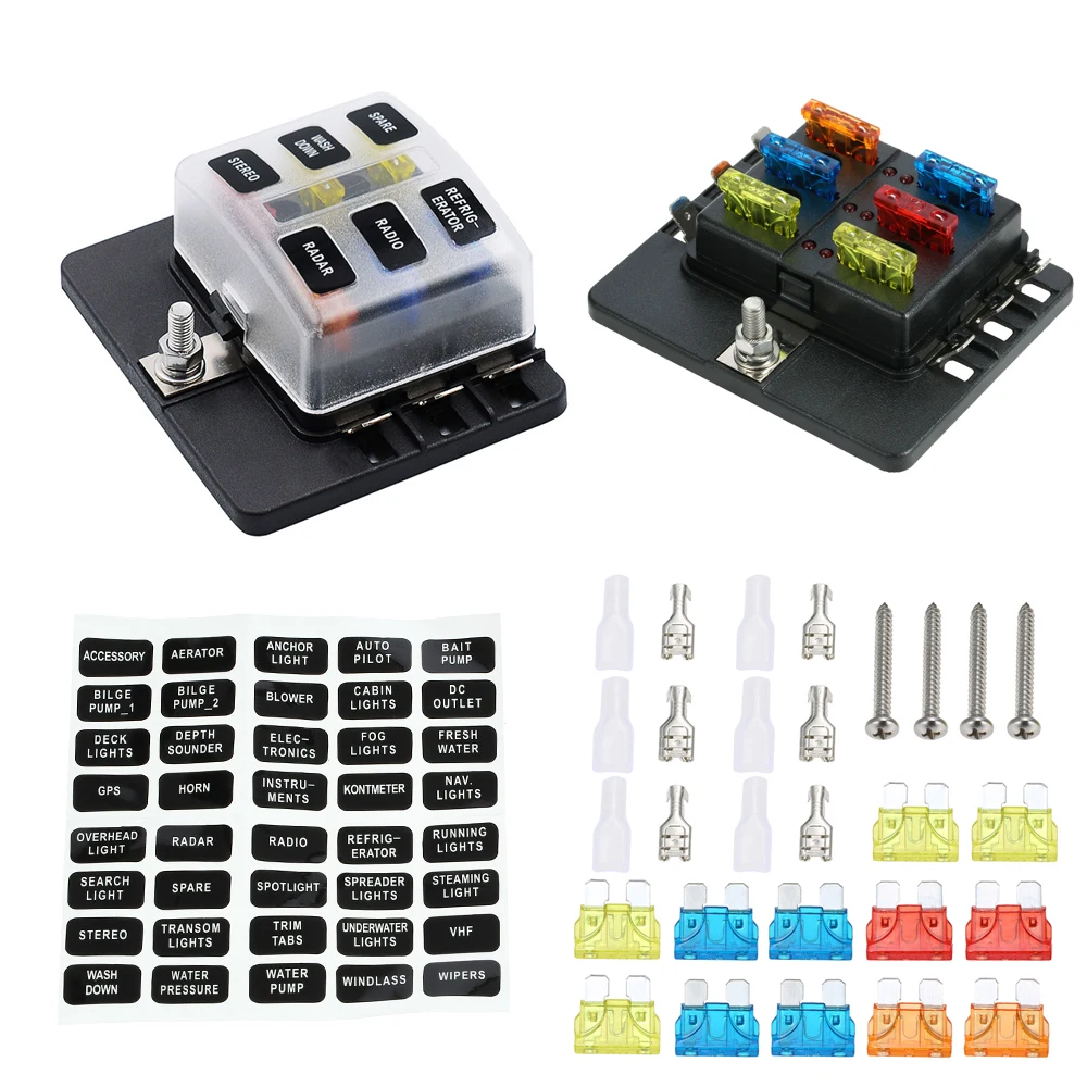 6 Way Blade Fuse Box Holder with LED Warning Light 12 Fuses for Car