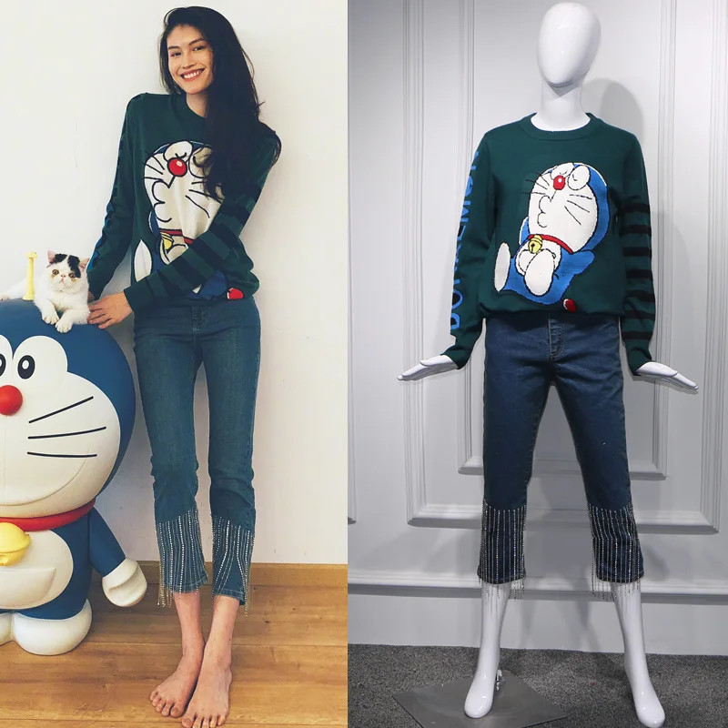Star He Sui Weibo with The Same Cartoon Jingling Cat Round Collar Pullover Bottom Knitted Sweater 2019 Pullovers Sweater Women