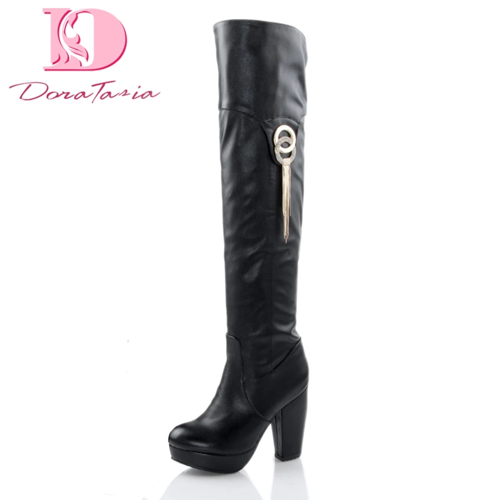 

DoraTasia big size 32-43 fashion retro women shoes woman boots over knee boots best quality platform PU Leather high heel shoes