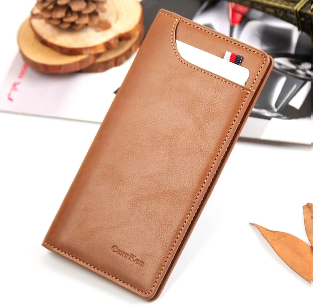 Men Solid Color Vintage Open Lichee Pattern Multi Card Position Wallet Vintage Men Long Leather ...