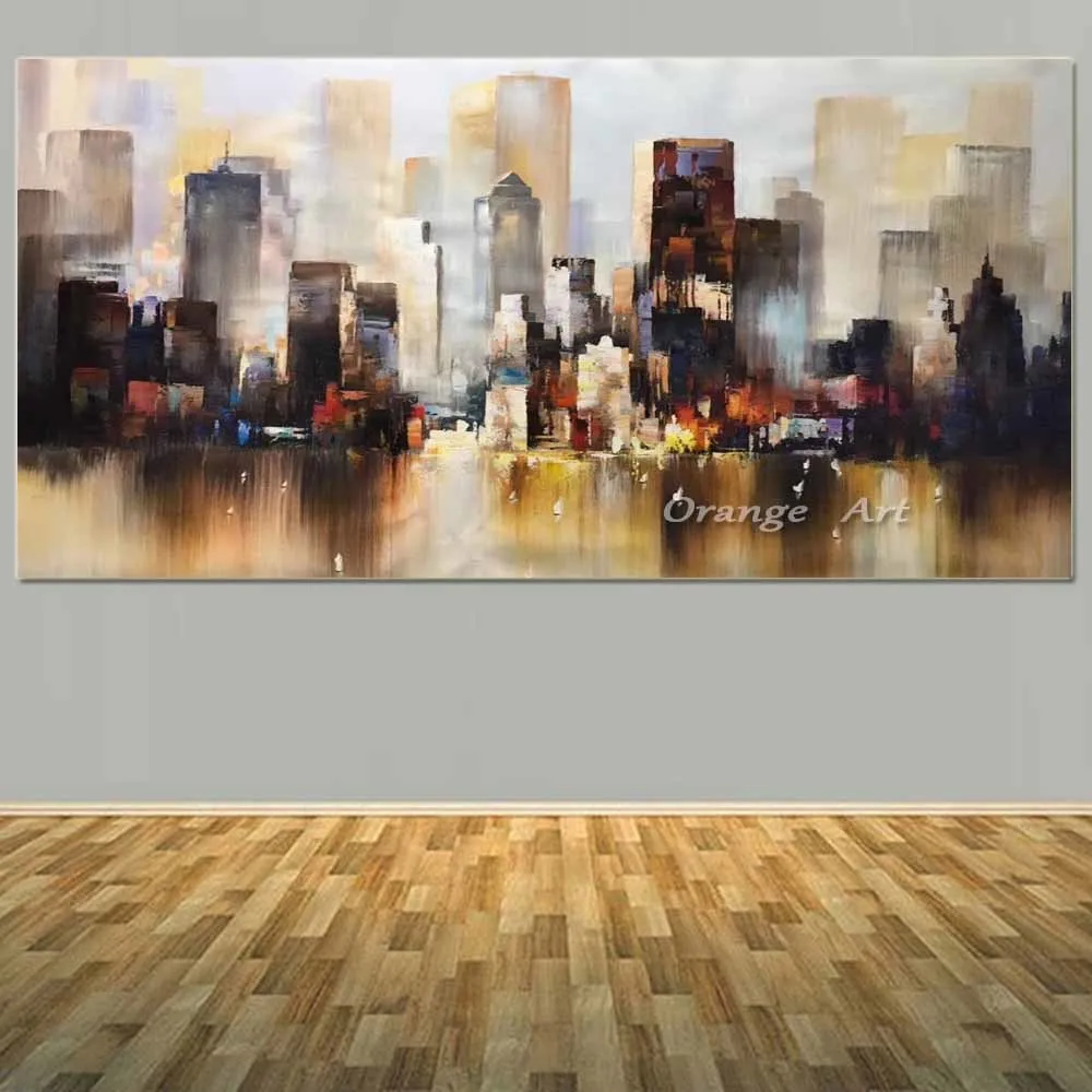 

Hand Painted Modern Abstract Building Oil Painting On Canvas Modern City Landscape Wall Picturs Living Room Home Wall Art Decor