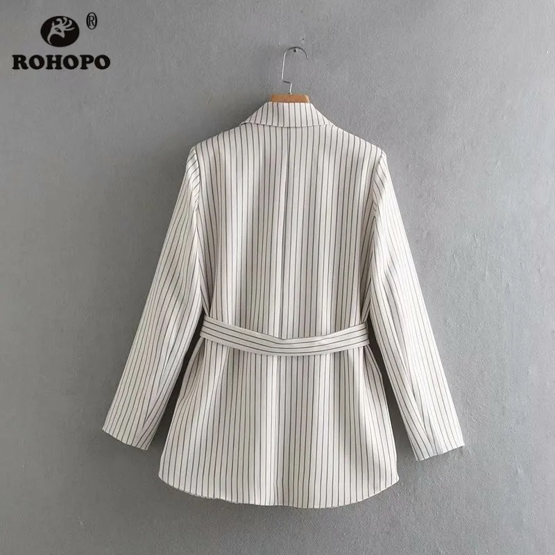 ROHOPO EU Size Women Double Buttons Blazer Vertical Thin Striped Top Pocket Belt White Blazers Ladies Chic Outwear #UZ1002