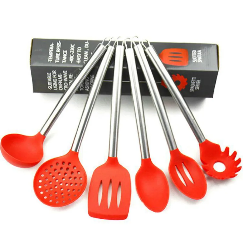 

6Pcs/set Stainless Steel Handles Silicone Kitchen Utensil Set Cooking Tools Set Spoons Pasta Scoop Colander
