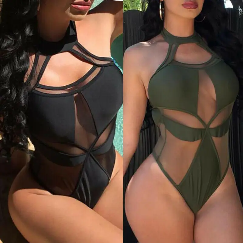 

2019 New Women Mesh Thong Bikini Sets Padded Push Up Swimwear Beach Bandage Swimsuit