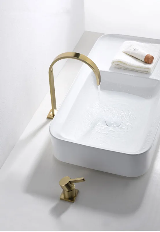 Кран для раковины для ванной комнаты, Супер длинная труба, два отверстия, матовый золотой/Черный кран для ванной комнаты, кран для раковины, 360 Вращающийся широко распространенный кран для раковины