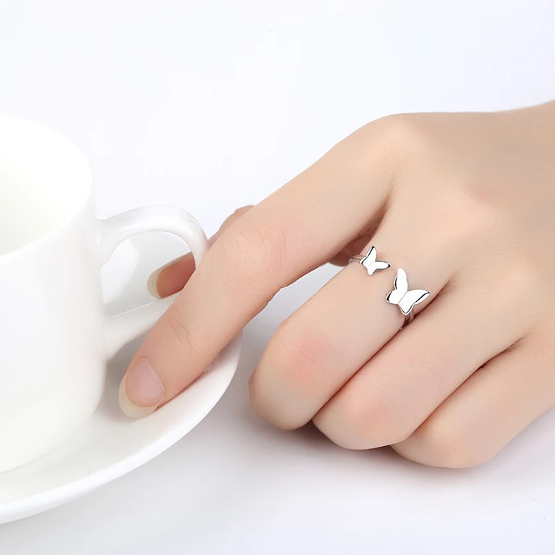 CHUKUI Fashion Silver Color Double Butterfly Opening Adjustable Ring For Women Girls Wedding Bands Fashion Party Ring (1)