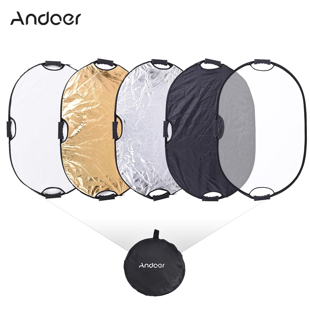 

Andoer 90*60cm Handheld Collapsible 5in1 Multi Reflector Gold/Sliver/White/Black/Translucent Studio Photography Reflector