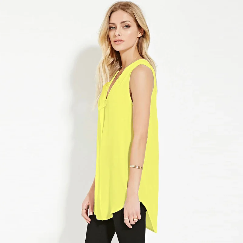 

2019 Summer Loose sleeveless blouse Deep V Neck Chiffon Shirts of Women Casual Solid Color Long Top Plus Size Women Clothing