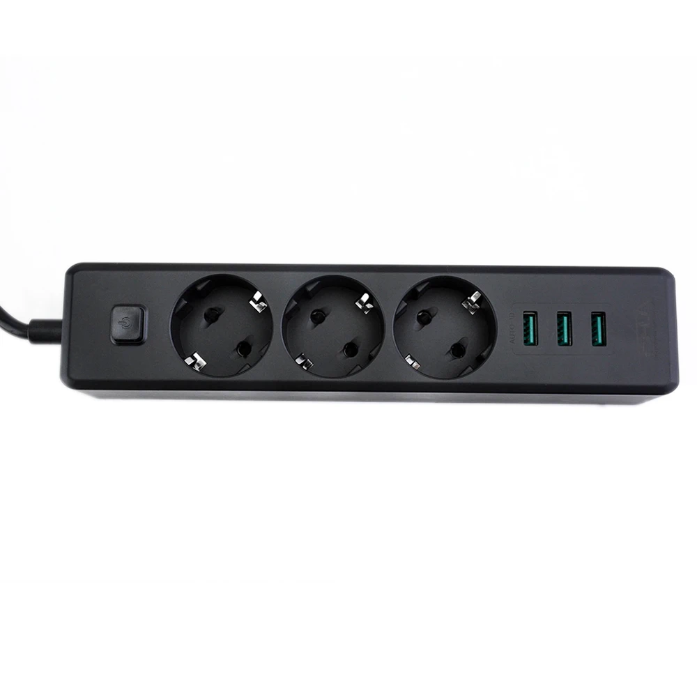 Black 3 EU Outlet Extension Plug Socket Outlets with 3 USB Charger 250V 10A 1.8M Extension cord USB EU Adapter with Gift Package