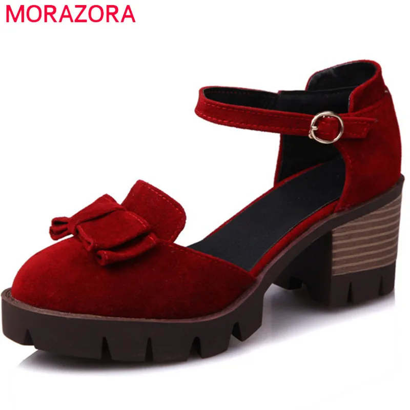 

MORAZORA hot new summer spring square heel platform shoes with butterfly knot round toe flock high heels women pumps