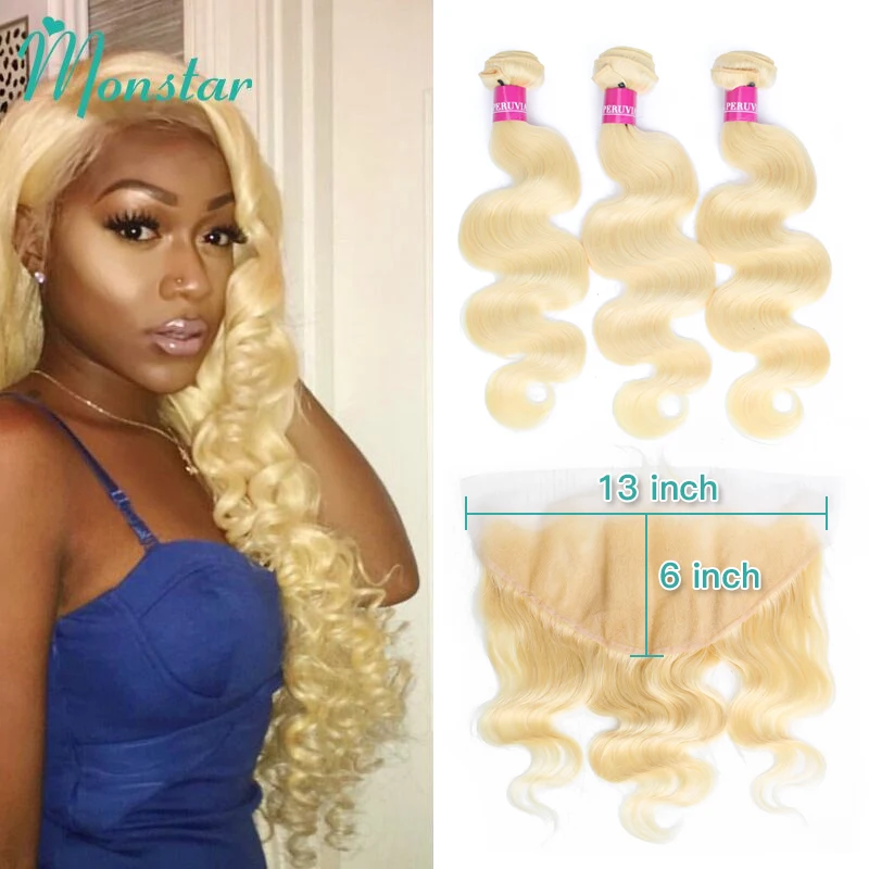 

Monstar Brazilian Hair Weave Bundle Deals 613 Honey Blonde Body Wave Remy Human Hair Bundles with Closure 13x6 Lace Frontal