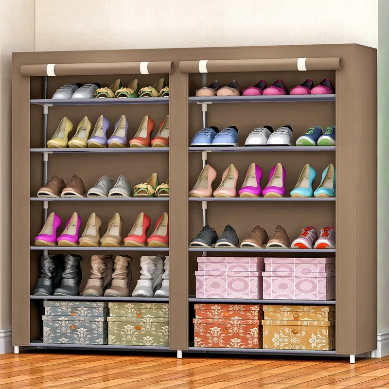 Simple Double Row Shoe Cabinet Thicken Non-woven Damp-proof Steel Pipe Storage Furniture Assembled Living Room Shoe Organizer