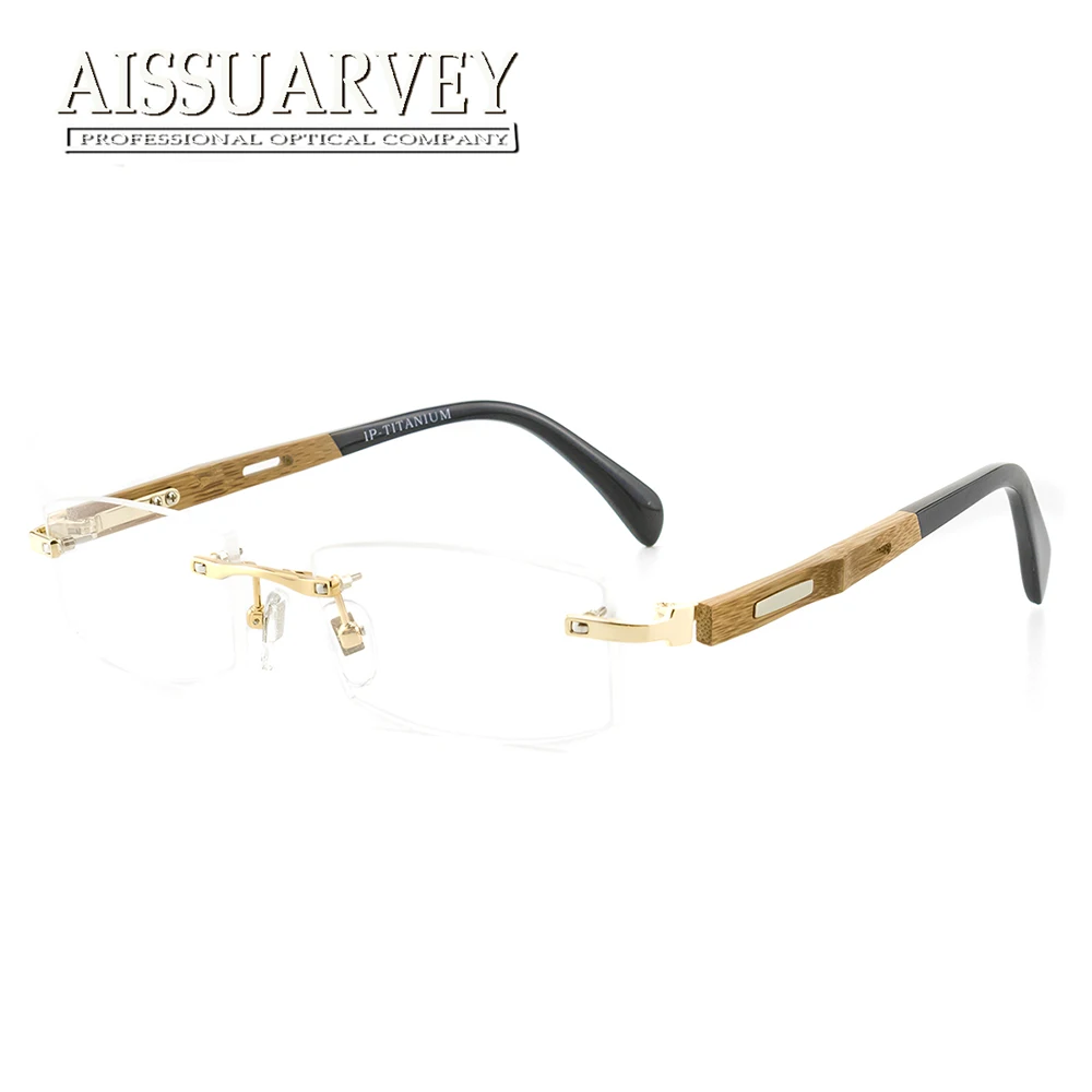 

Rimless Wooden Titanium Eyeglasses Men Optical Frame Prescription Business Gold Glasses Frame Top Quality Golden Fashion Classic