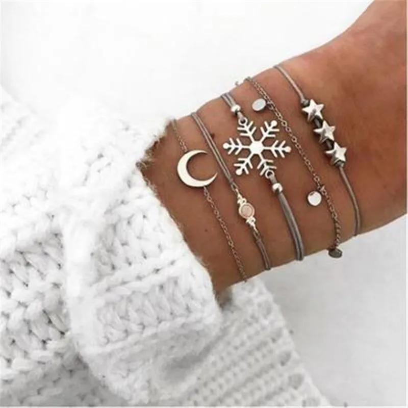 30 стилей многослойный металлический браслет с Луной и снежинками наборы браслетов для женщин НОВЫЕ геометрические Простые ретро ювелирные изделия вечерние свадебные - Окраска металла: 7