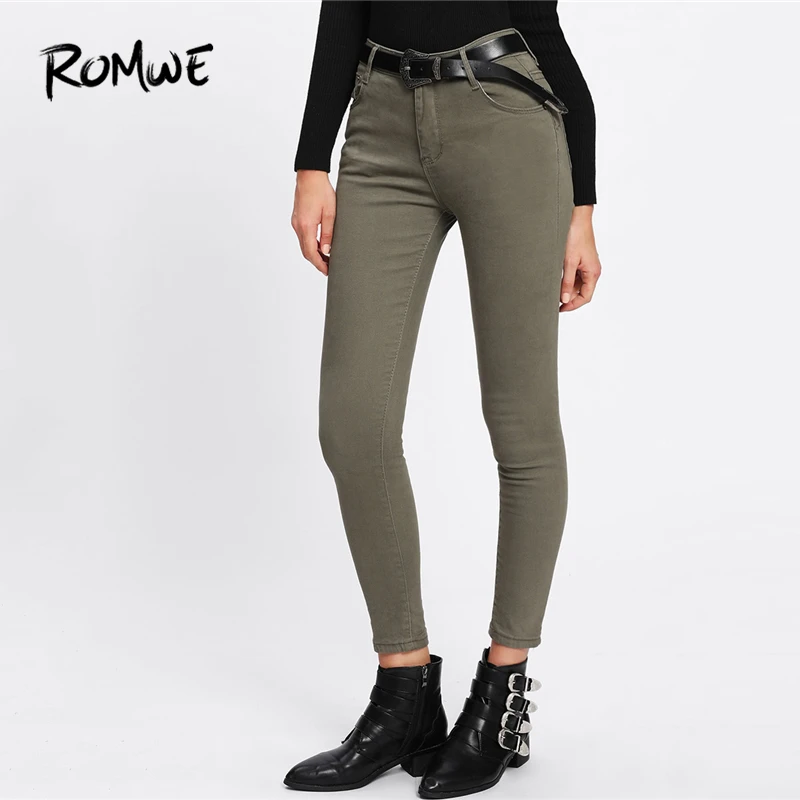 

ROMWE Skinny Ankle Army Green Denim Jeans Spring Autumn Female Casual Trousers Summer Button Fly Mid Waist Plain Crop Pants