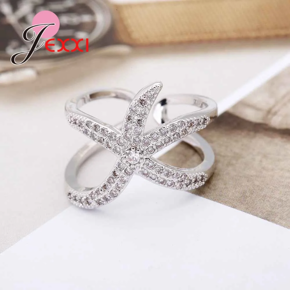 JEXXI Newest Original S90 Silver Adjustable Ring Big Starfish Paved Shiny White Crystals Opening Rings Women Accessory
