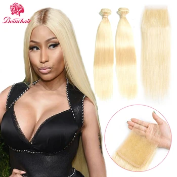 

Brazilian Straight Human Hair Bundles With Closure 4x4 Lace Closure Remy Hair Weaving Extensaations 613 Blonde For Black Women