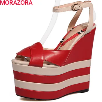 

MORAZORA women summer 16cm platform shoes sandals fashion Spell color top quality genuine leather shoes big size 34-40 buckle