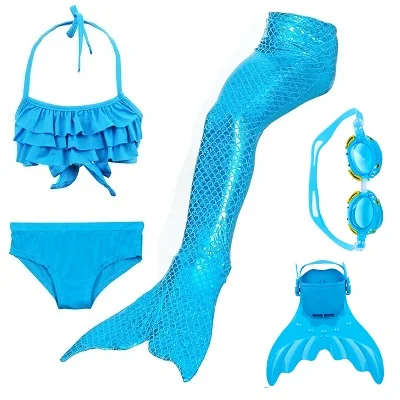 Лидер продаж года, Детский Костюм Русалки с хвостом и плавником для девочек, купальный костюм бикини, купальный костюм, платье для девочек С флиппером, монофиновое платье для плавания - Цвет: Blue 25 set 2