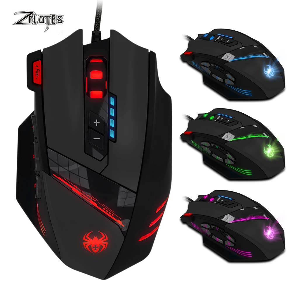 

ZELOTES C-12 Wired USB 4000 DPI A Optical Gaming Mouse 12 Programmable Buttons Computer Game Mice 4 Adjustable DPI 7 LED Lights