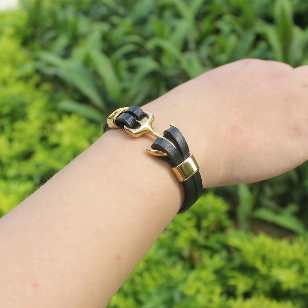 TYO Charm Bracelet Anchor Bracelet Pattern Gold & Steel Color Genuine Leather Bracelet For Birthday Party Gift Men Bangles 2019
