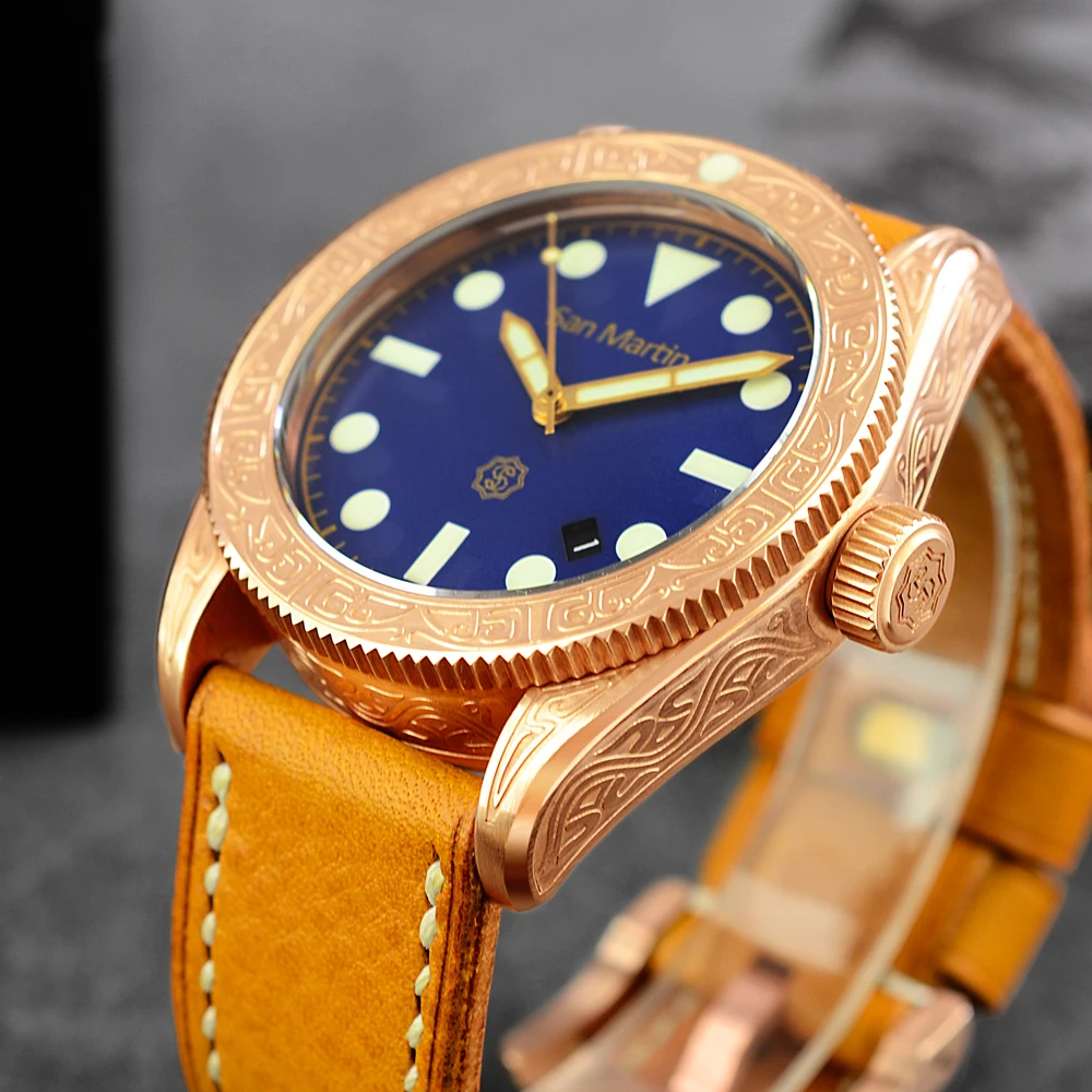 Для мужчин винтаж дайвинг часы Винтаж бронзовый Дайвинг резные автоматические часы 50ATM многоцветный циферблаты Ретро Чайка наручные часы