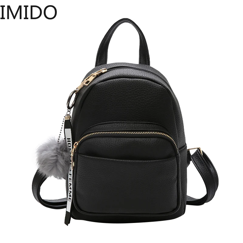 

IMIDO Mini Women Backpacks Soft PU Leather Student Fuzzy Ball Pendant Shoulder School Bags Female Small Travel Rucksack Black