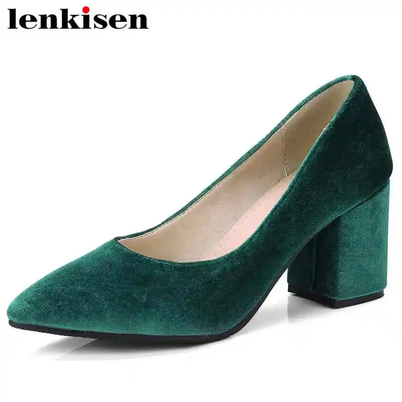 

Lenkisen pu large size flock pointed toe slip on high heels solid comfortable design elegant shoes party women brand pumps L7f1