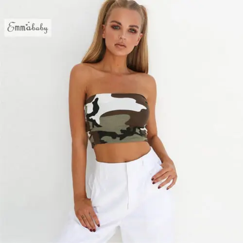 Женский Сексуальный Топ без бретелек Camo Bandeau, Женский Летний Эластичный укороченный Топ без бретелек, Майка без косточек