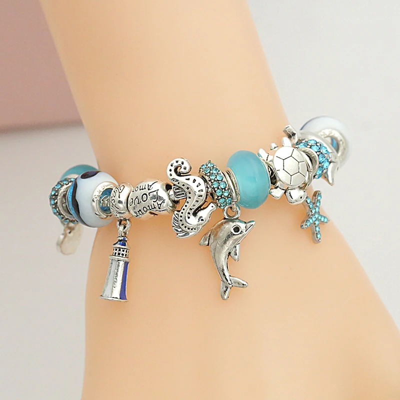 Dolphin Charm Bracelets Women Jewelry Gift Blue Murano Crystal Glass Diy Bead