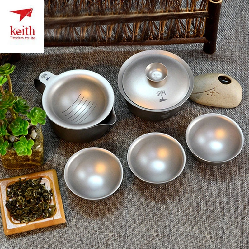 

6Pcs Keith Titanium Kong Fu Tea Set Portable Juice Beer Water Cup Unbreakable Coffee Cups Drinkware Ultralight 219g Ti3910