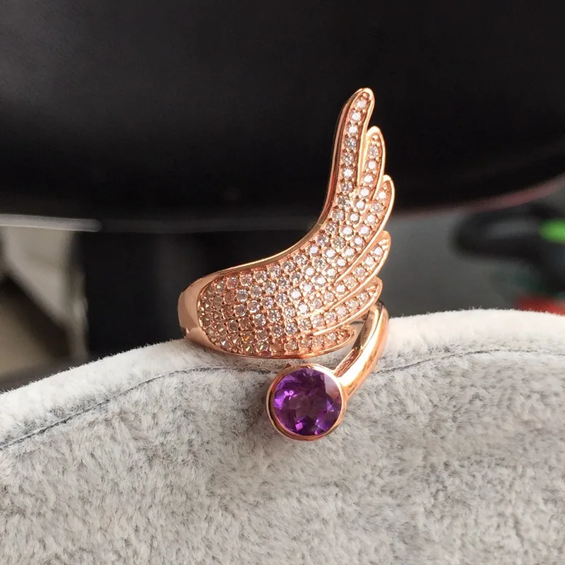 

ZT Fashion Women Angel Wings Purple Amethyst Rings s925 Sterling Silver White Or Rose Color Jewelry Female Rings For Woman Gift