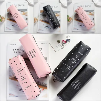 

Cute Pink Dot Pencil Case for Girls Cool Black Dot PU Leather Pen Storage Bag with Zipper Stationery in School Office Gift