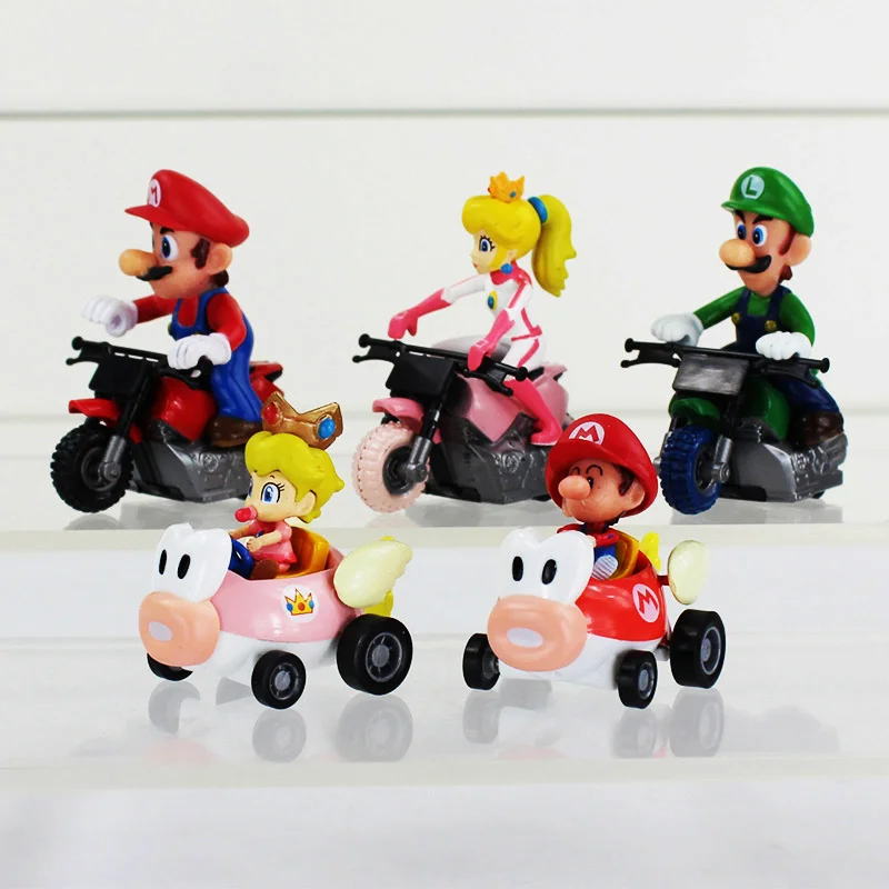 5pcs/lot Super Mario Bros Baby Mario Luigi Princess Peach Kart Pull Back Cars PVC Action Figures Toys Dolls