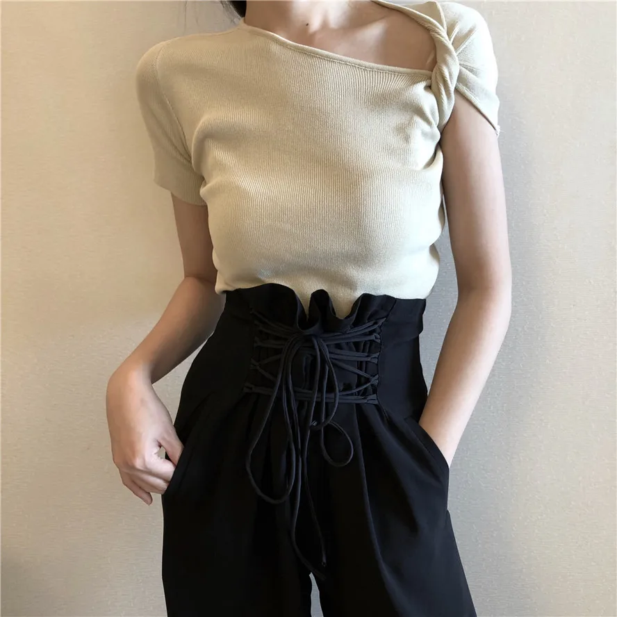 

2 colors 2018 spring and summer solid color short sleeve slim knitted t shirts womens tee shirt femme (B1752)