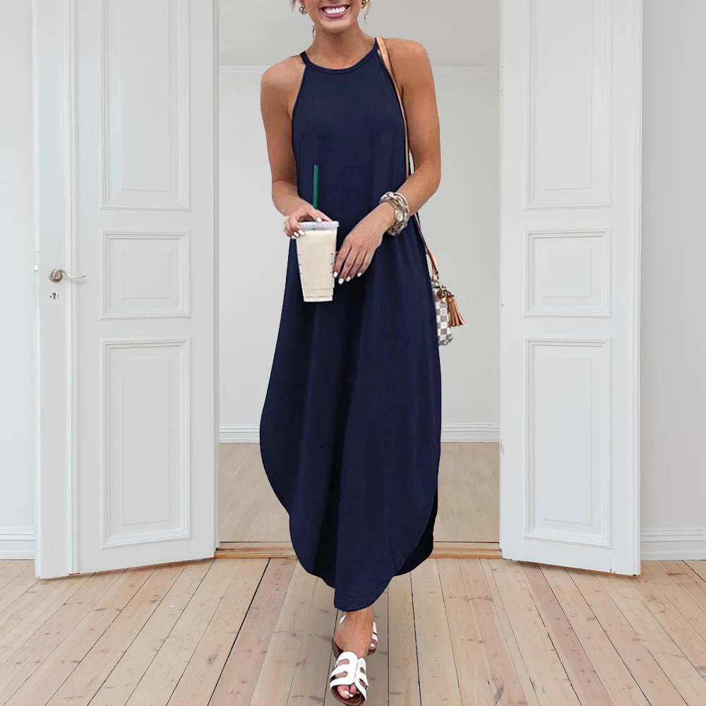 

Plus Size 2019 Women Summer Dress Casual Sleeveless O-Neck Solid Ankle Length Loose Backless Spaghetti Strap Beach Maxi Dress